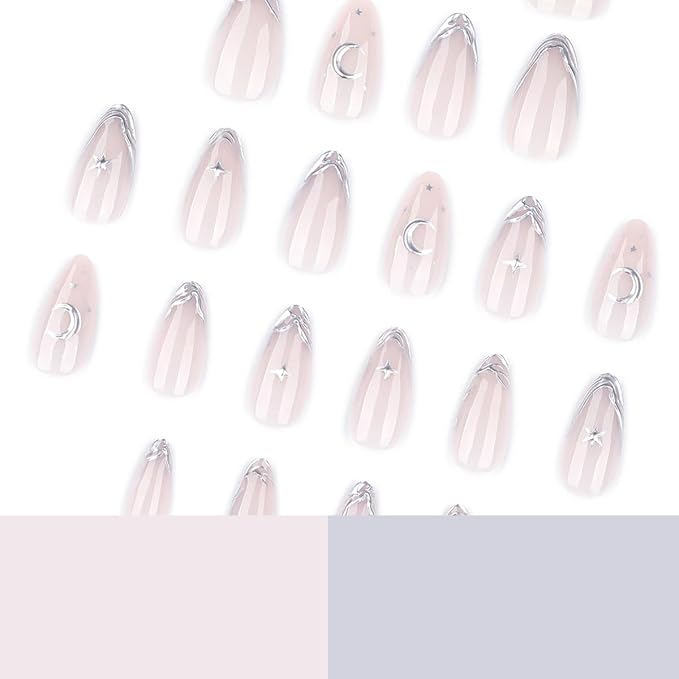 Silver French Tips Press on Nails Short, Star Fake Nails Moon False Nails Press ons with Silver Design, Alomnd Shape Full Cover Nude Glue on Nails for Women Manicure 24Pcs