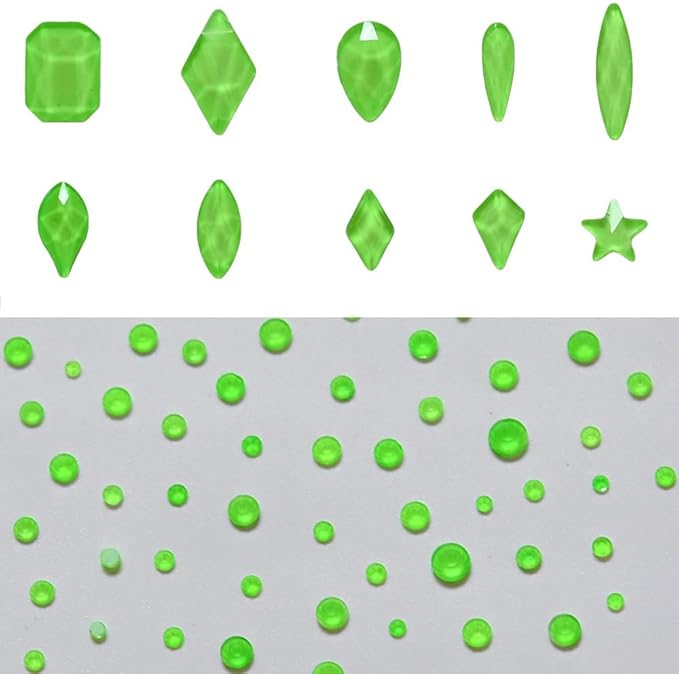 820pcs Neon Green Flatback Crystals Glass Mix Designs Nail Rhinestones Bulk Round Beads Stones Assortment Gems and Charms for Nail Decoration Accessory