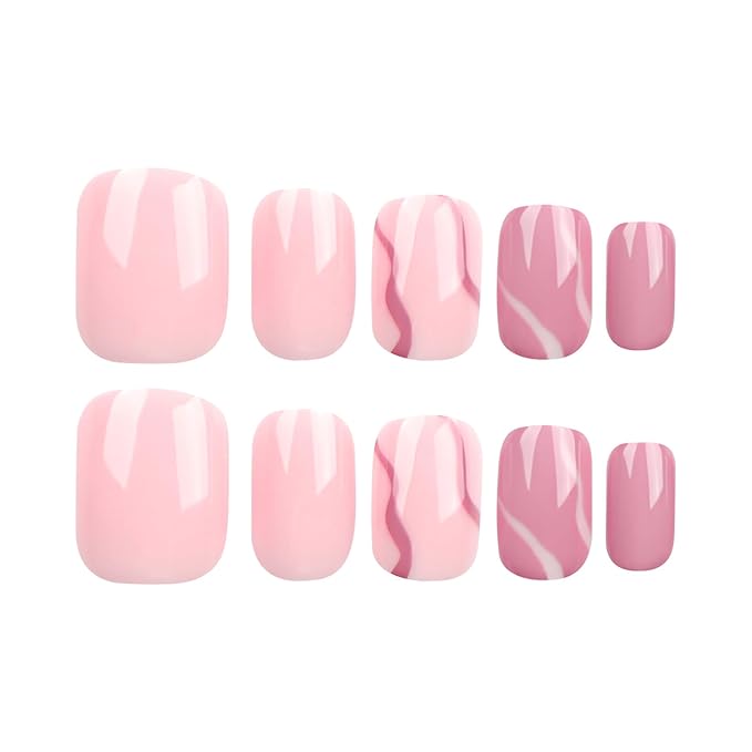 Square Press On Nails - Pink False Nails with Line Design, Glossy Full Cover, Reusable Artificial Nails for Women's Manicure, 24 Pcs