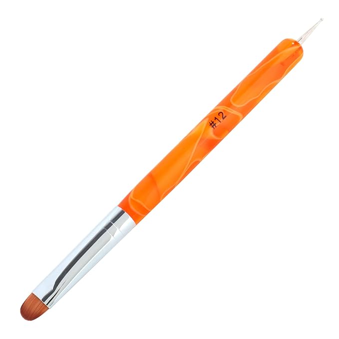 French Manicure Brush -Two Way Nail Art Brush with Dotting Manicure Tool for Manicure Cuticle Clean Up Nail Art Design- Professional Nail Salon Quality Brush, Nail Dotting Pen (12#, Orange)