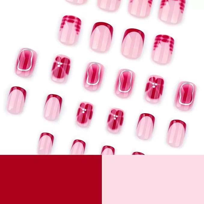 Press on Nails Short - Square Fake Nails with Red Flower Design - French Tip Full Cover Stick on Nails for Women -24 Pcs