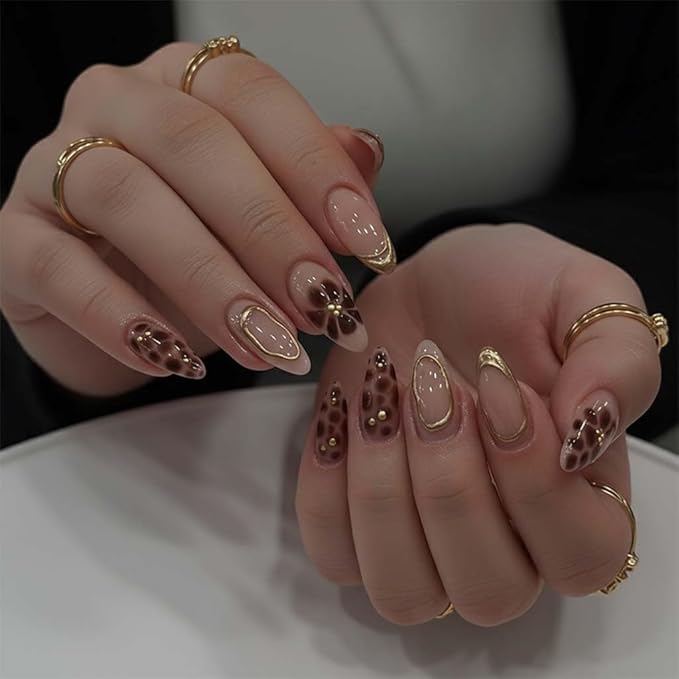 Press on Nails Almond Painted Flowers French Fake Nails French Fake Reusable Nail Kit with Nail Glue Adhesive Tabs Mini Nail File for Women Manicure Art Decoration 24PCS