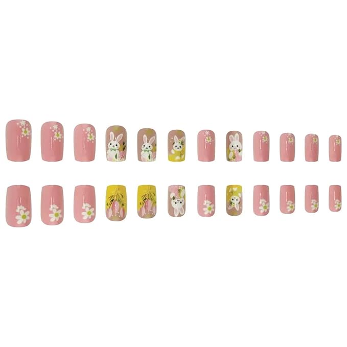Easter Day Press on Nails - Medium Square Fake Nails with Bunny Flower Design - Pink False Nails Press ons - for Women 24 Pcs