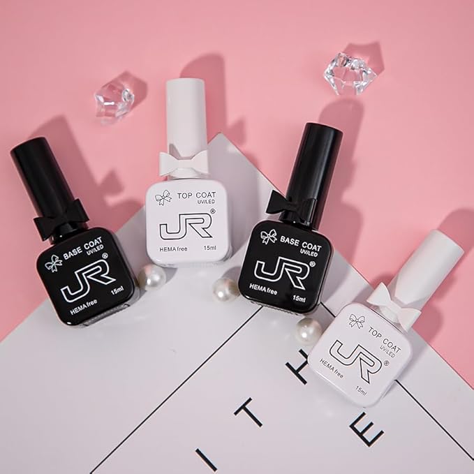JR 6pcs 15ML HEMA&TPO Free No Wipe Gel Top &Base Coat Set Glossy Soak Off Clear Quick Dry High Glossy Shiny No Chip Long Lasting Air Dry Top Coat for Nail Art Manicure Professional Nail Salon