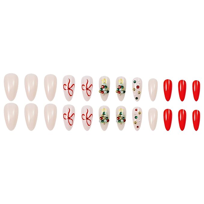 Christmas Press on Nails Medium Almond MABKJLF Fake Nails False Nails with Xmas Tree Bow Pearls Rhinestones Designs Glossy Glue on Nail Winter Full Cover Acrylic Nails for Women Girls 24Pcs