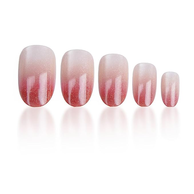 Ombre Press on Nails - Short Oval Red Ombre Fake Nails Press ons with Cat Eye Designs, Glossy Acrylic Nails Full Cover Reusable Glue on Nails for Women Manicure 24Pcs