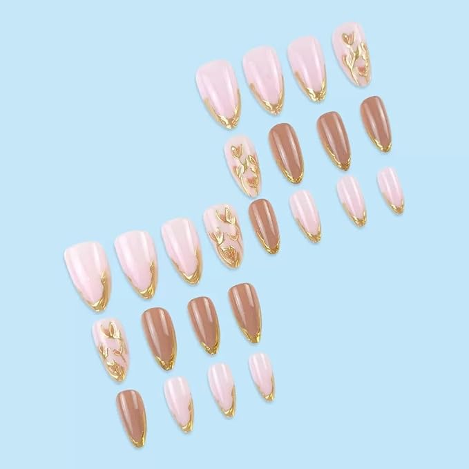 Almond Press on Nails Medium - Gold French Tip Fake Nails with Golden Emboss Flower Design - Fall Full Cover Stick on False Nails for Women 24 Pcs