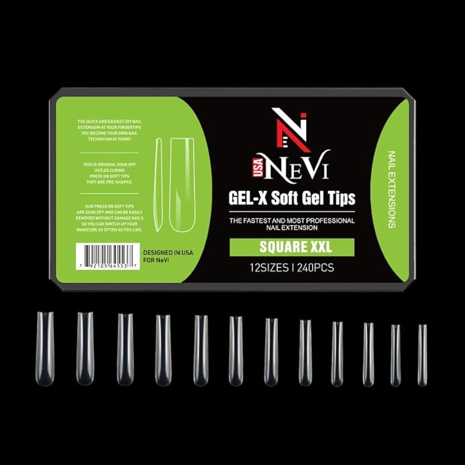 Nail Gel-X Natural Square XXL Tips Set - NeVi USA Premium Quality, 240 Tips in 10 Sizes - Complete DIY Nail Extension Kit | No Size 00 Included #5 and #6 Are Double Quantity