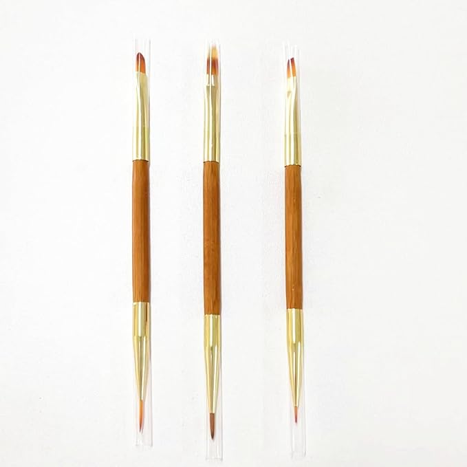 3Pcs Nail Art Drawing Brushes, Short Bamboo Penholder Double End Pen Brush, Acrylic Round Flat Painting Drawing Liner Tools