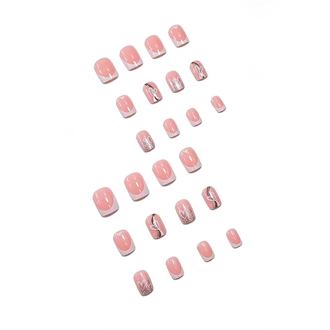 RTKHFZE Short Press on Nails Square White French Tip Fake Nails Glitter Acrylic Nails Valentine Day False Nails with Heart Designs Glue on Nail Glossy Artificial Nail for Women 24Pcs