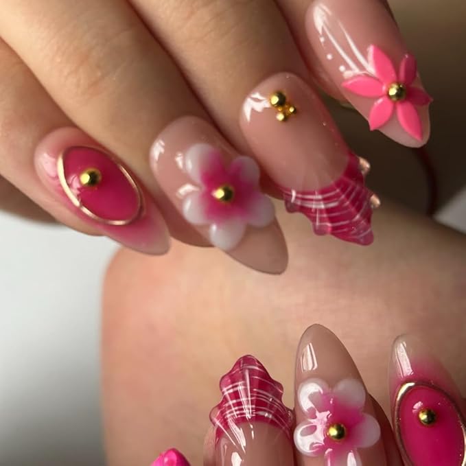 Press On Nails Medium Almond Shape False Nails, Handmade Acrylic Gel Fake Nails with Art Designs, Reusable 10 Pcs 3D Nails for Women DIY Manicure Kit