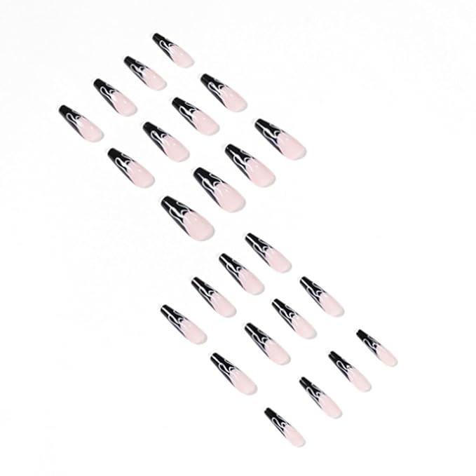 Long Press on Nails Square French Fake Nails Full Cover Nude Acrylic False Nails for Women and Girls 24PCS (Black Coffin)