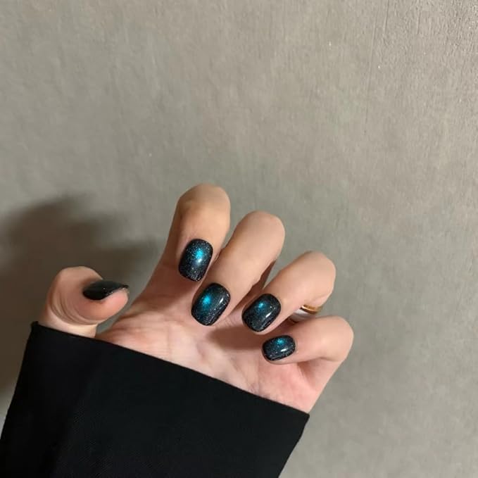 Press on Nails, Short round Fake Nails Gradient blue-green False Nails Large Green Press on Nails for Women Girls Nail Art Decoration - Lagre