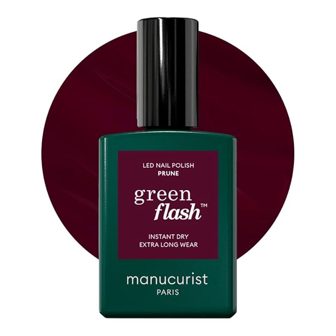 Manucurist Green Flash LED Prune - Deep Wine Red Gel Nail Polish - Vegan, 12-Free, Plant-Based - Strengthens and Protects the Nail - Gel Polish - Made in France - 0.5 fl oz