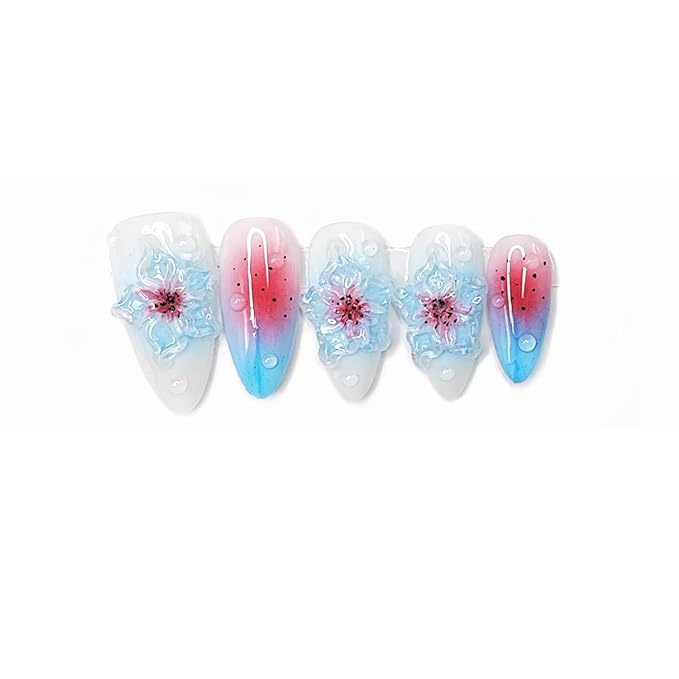 Blue Gradient Press on Nails Medium Almond False Nails Handmade Luxury 3D Flower Fake Nails Thick and Muti-Layer Gel Acrylic Nails Full Cover Stick on Nails for Women DIY Manicure (Size S)