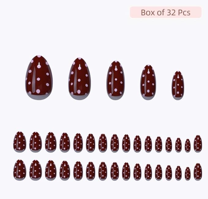 Press On Nails - Berry | Red Polka Dot UV Finish Almond Nails, Salon Quality | 32 Nails, 16 Sizes Kit with Glue and Adhesive Tabs I Female Founded