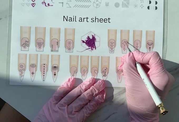 Gel & Acrylic Nail art Practice Sheet,Reusable Nail Art Training mat DIY Sticker Stencil Guide French Tip stiletto Nail Sculpting 3D Nail Design Worksheet Nail Tech Practice Gel X acrylic nails (11)
