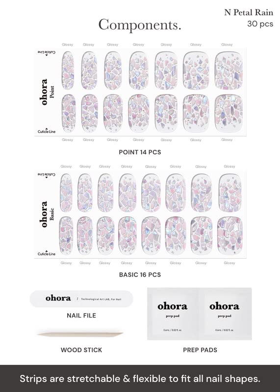 ohora Semi Cured Gel Nail Strips (N Petal Rain) - Purple, Patterned, Works with Any UV/LED Lamps, Salon-Quality, Long Lasting, Easy to Apply & Remove - Includes 2 Prep Pads, Nail File & Wooden Stick