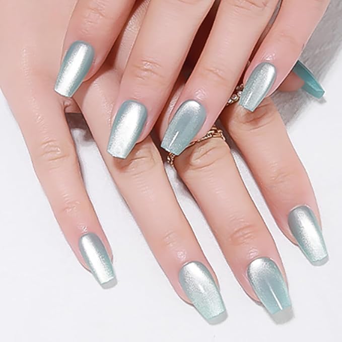 evpct Cat Eye Coffin Press on Nails Square Medium, Stick on Nails Medium Square for Women Gift, Teal Light Blue Green Metallic Glitter Glossy Gel Reusable Stick Acrylic Fake Press on Nail with Designs