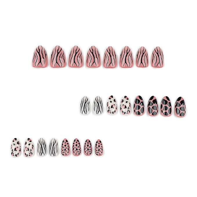 Short Almond Press on Nails Wild Animal Print Mix Fake Nails Fall Nails Press ons with Zebra Stripes,Leopard Spots and Giraffe-like Patterns Design,Reusable | Artificial | Easy Apply | 24Pcs