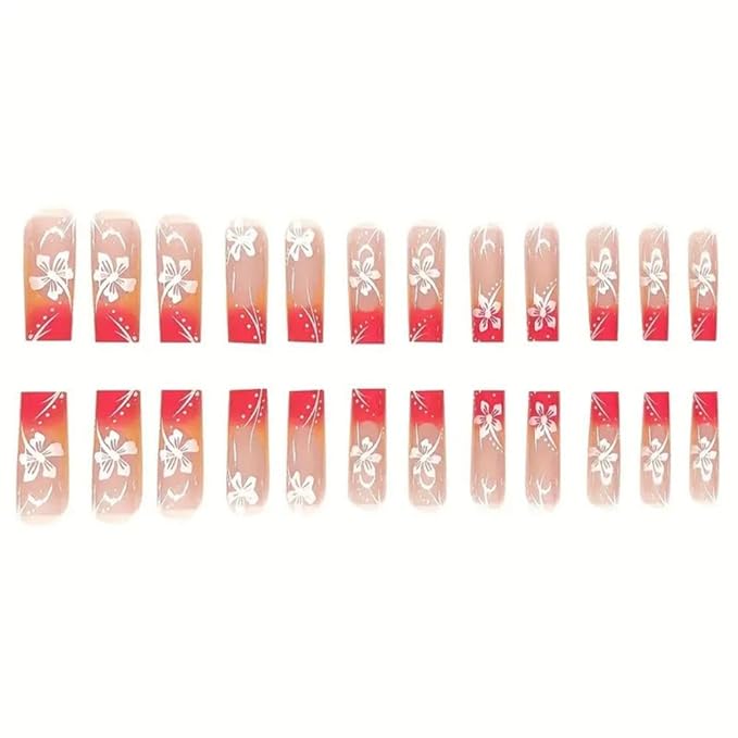 48Pcs Ombre Pink Orange French Tips Press on Nails Short Square Press on Toenails Long Square Stick on Nails with Flower Design Glossy Full Cover Fake Nails Summer False Toenails for Women Manicure