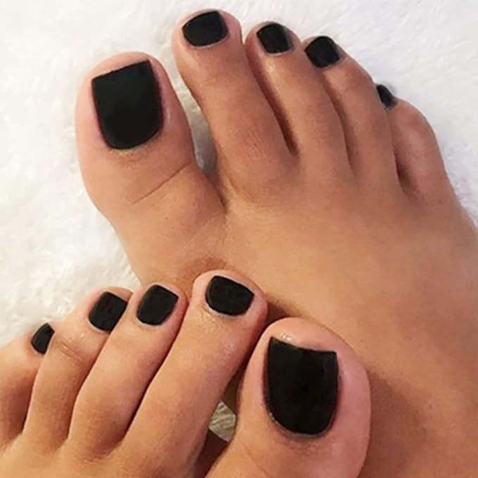 Black Square Fake Toenails Short Matte Press on Toe Nails Acrylic False Toes Nails with Designs Artificial Summer Beach Full Cover Toenail for Women 24 Pcs (Black)