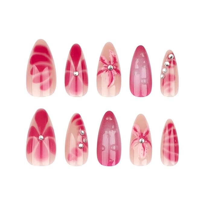 Ombre Pink Press on Nails Medium Almond False Nails with Rhinestone Charm Design 3D Flower Stick on Nails Glossy Summer Fake Nails Reusable Handmade Glue on Nails for Women Girls Manicure 24Pcs