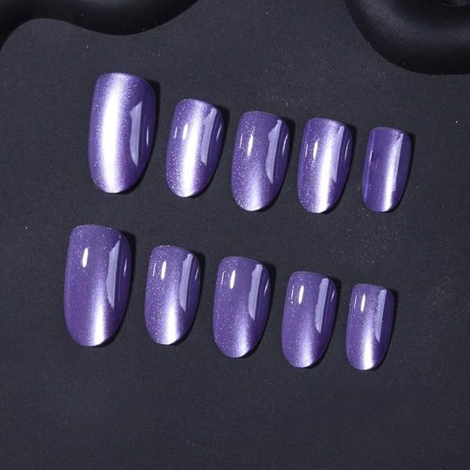 Purple Press on Nails Short Almond Fake Nails Finish Cat Eye False Nails Solid Color Glue on Nail Reusable Glitter Gradient Acrylic Nails Full Cover Stick on Nail for Women Manicure 24Pcs