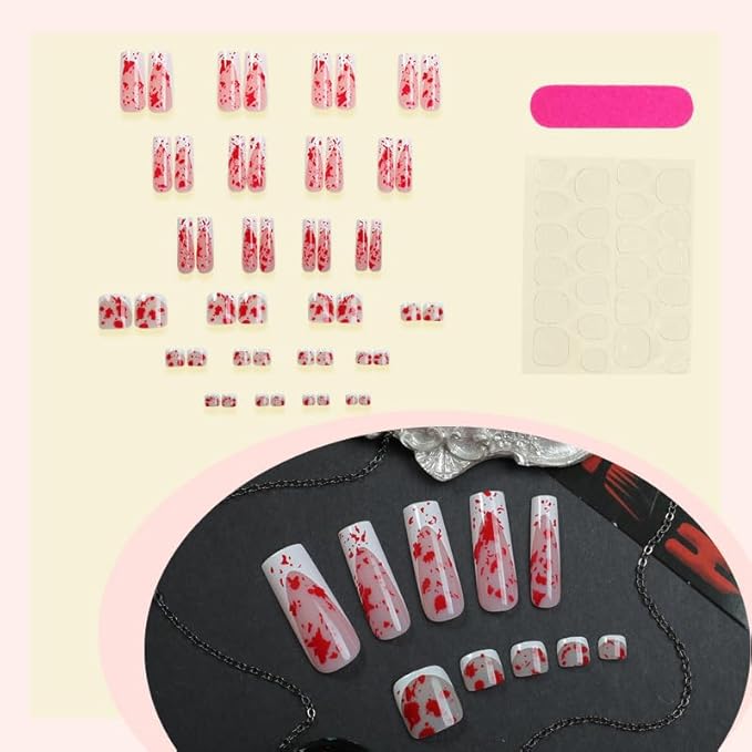 48Pcs Halloween Press on Nails Square & Press on Toenails Set, White French Tip Press on Nails with Terror Bloody Design Medium Fake Nails Short Press on Toe Nails for Women Nail Decoration