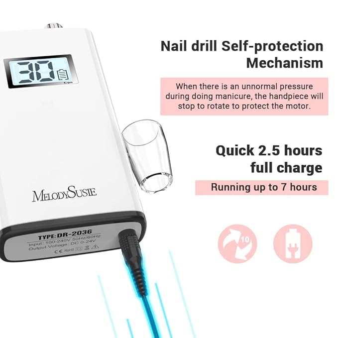 MelodySusie Entry-Level Clip-On Rechargeable Nail Drill, SC320H 30000RPM Popular Classic E-File with LCD Display for Manicure Shaping & Gel Removal, Perfect for Training, Nail Art Practice & Home Use