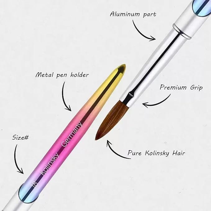 100% Pure Kolinsky Acrylic Nail Brush Size 12, Hair Acrylic Crystal Ombre Chrome Colorful Handle with Silver Ferrule Round Shaped for Women Girls Manicure Nail Tools Accessories