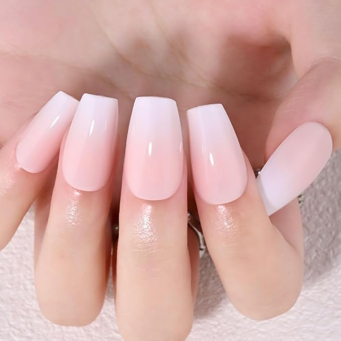 Light Nude Ombre Glossy Press on Nails Coffin Acrylic Fake Nails Stylish Design, Not Pixelated Like Digital Printing, Natural Reusable Nails Kit for Women False Nail, Salon Quality Reusable