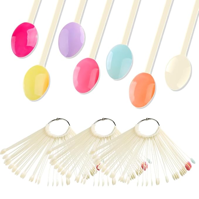 150 Pcs Nail Swatch Sticks with Ring, Natural Beige Spoon Shaped Nail Art Polish Color Display Practice Tips, Acrylic False Nail Sample Sticks Practice Tools for Home or Salon Use