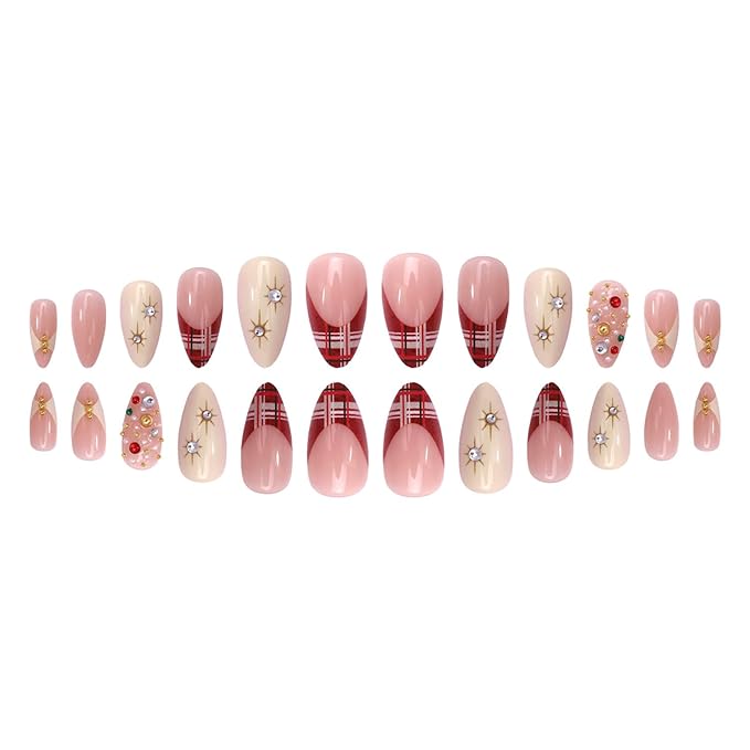 French Tip Press on Nails Medium Almond MABKJLF Fake Nails False Nails with Stripes Rhinestones Pearls Designs Glossy Glue on Nail Full Cover Acrylic Nails for Women Girls 24Pcs