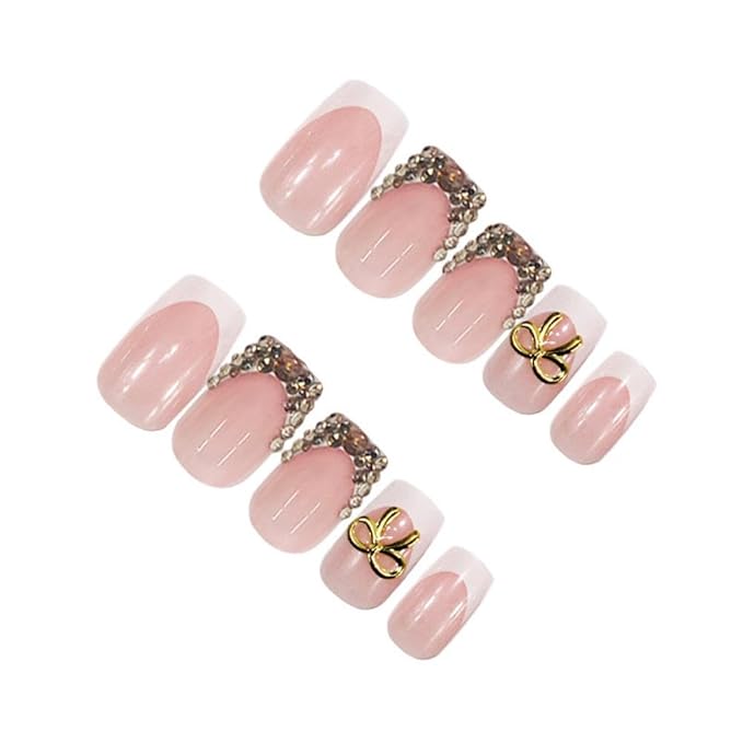 White French Tips Press on Nails - Medium Square False Nails - Gold Bow Charm Design Gold Rhinestone Glue on Nail Nude Pink Stick on Nails Glossy Summer Fake Nail for Women Manicure 24Pcs