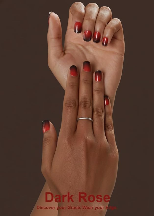 Semi Cured Gel Nail Strips – Real Gel Nail Polish Wraps for Brittle Nails | Long Lasting Easy Peel-Off Removal | Hema-Free | 20-Piece Red Black Ombre Salon Sticker Kit with File & Stick