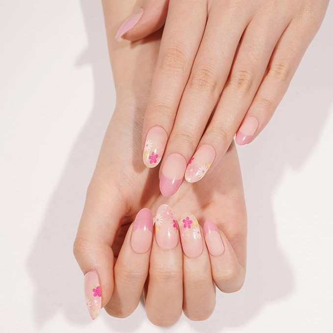 Flower Semi Cured Gel Nail Strips - 20Pcs Pink French UV Gel Nail Wraps with Colorful Floral Design, Long Lasting Salon-Quality Stickers, Includes Nails File & Wooden Stick - UV/LED Lamp Required