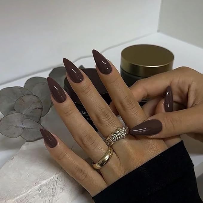Brown Press on Nails Almond Shaped Medium Length - Neutral Acrylic Reusable Fake Nails for Women Girls, Glue on Stiletto False Nails, Soft Gel Artificial