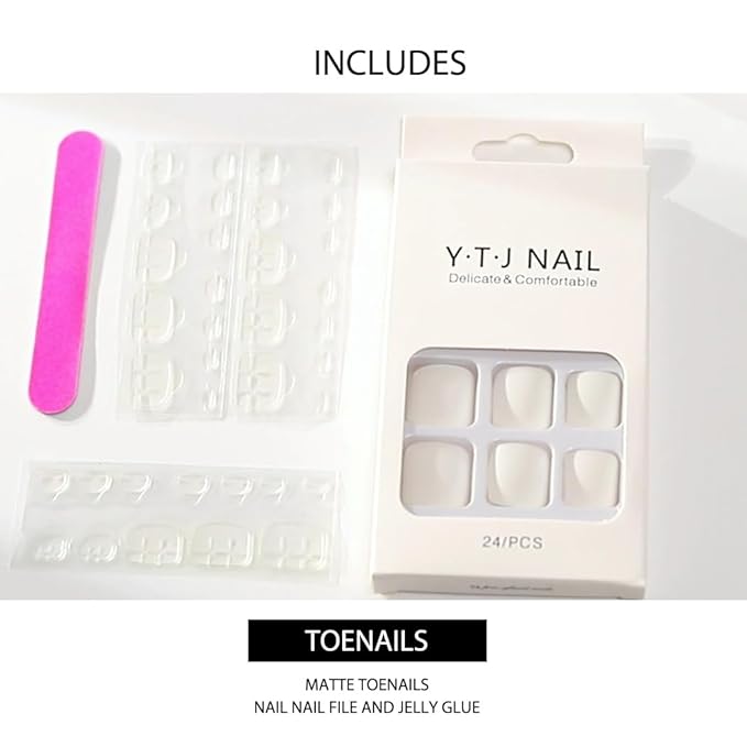 Solid Square Fake Toenails Matte Press on Toe Nails Short Acrylic False Toes Nails Cute Artificial Beach Full Cover Toenail White for Women 24 Pcs (White)