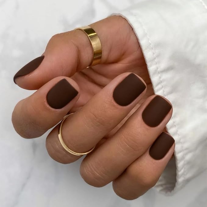 Matte Brown Press on Nails Short Square, Natural Short Gel Nails Glue on Acrylic Nails Press ons, 48Pcs Thick Reusable Fake Nails for Women, Short Coffin Artificial Nails Solid Color Square Nails