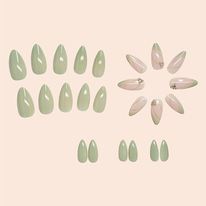 Almond Press on Nails Medium - Green Fake Nails with Gold Line Design - Full Cover Stick on False Nails for Women 24 Pcs