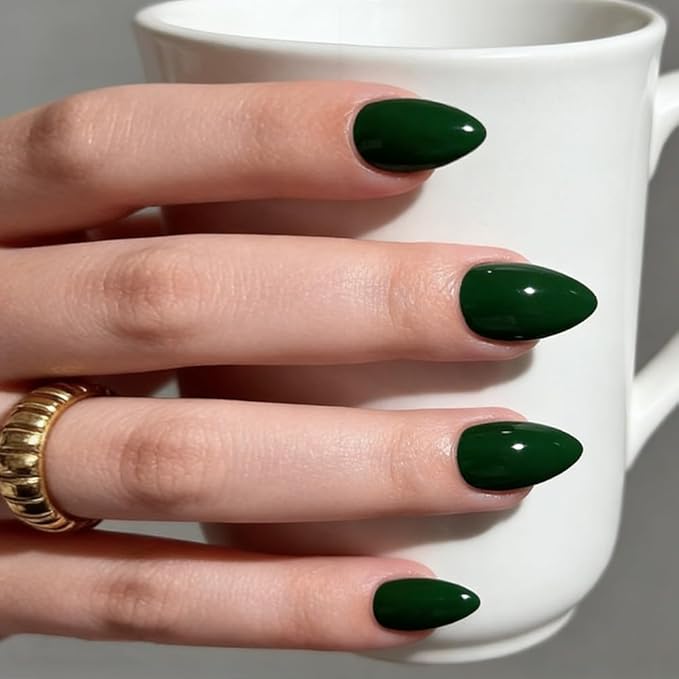 Green Press on Nails Short Almond Fake Nails Press ons False Nails Acrylic Glossy Full Cover Glue on Nail Artificial Stick on Nail for Women Christmas Spring Manicure 24 Pcs