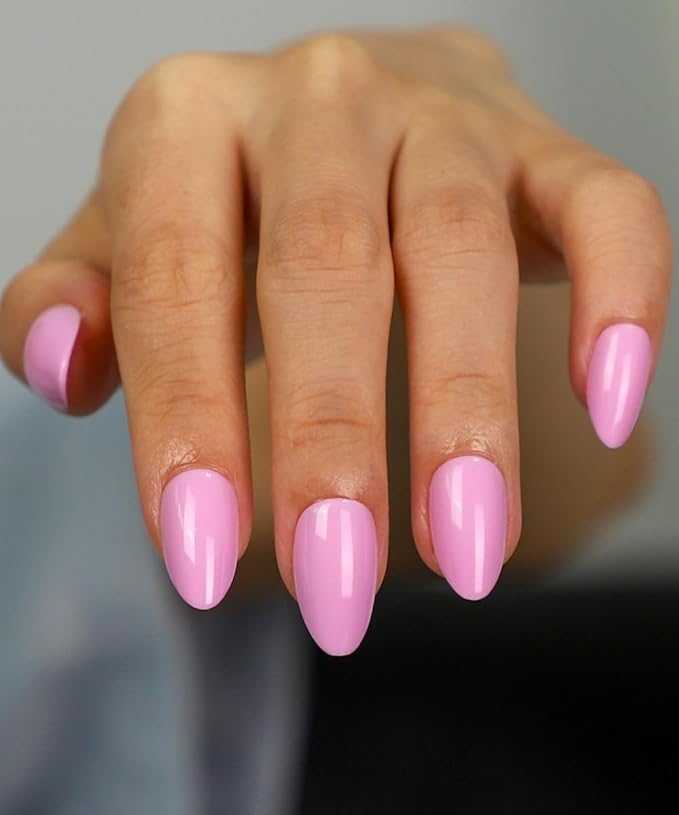 Pink Press On Nails Short 16 Sizes 32pcs Almond Fake Nails Glossy, Nail Glue Included