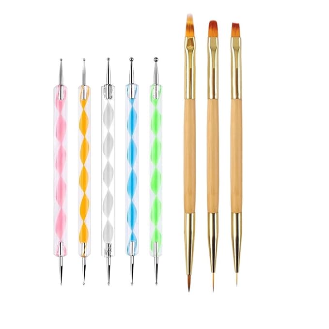 5PCS Dotting Pens and 3PCS Nail Painting Brushes, Double-Ended Acrylic Nail Art Liner Brush Dotting Pen for Gel Polish Nail Paintings 3D Nail Pattern Detail Brush, Nail Art Design Tools