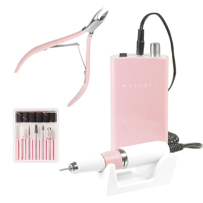 Makartt Rechargeable Nail Drill 30000RPM Portable Electric E File Malory Acrylic Nail Gel Polish Remover Bundle with Cuticle Nippers, Pink Cuticle Trimmer Extremely Sharp Full Jaw Cuticle Cutter