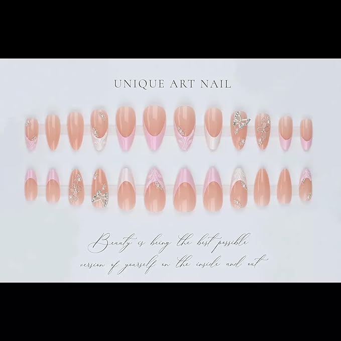 Press on Nails Almond - French Tip Fake Nails with Silver Butterfly Design - Spring, Medium False Nails Press ons - for Women 24Pcs