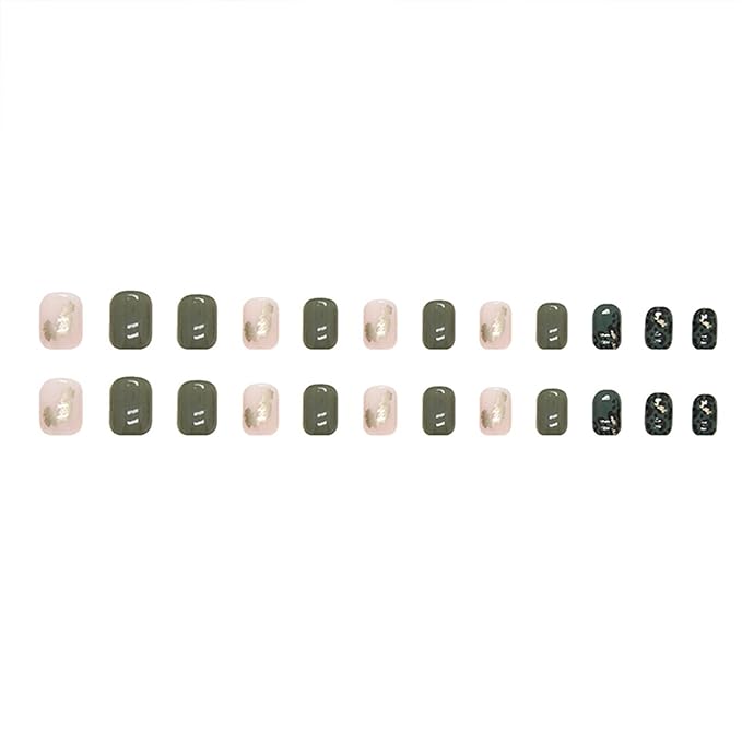 Green Press on Nails Short Square Fake Nails with Design Leopard Print Gold Foil Glue on Nails Full Cover Glossy Acrylic Stick on Nails Cute Artificial False Nails for Women Nail Art Decoration 24Pcs