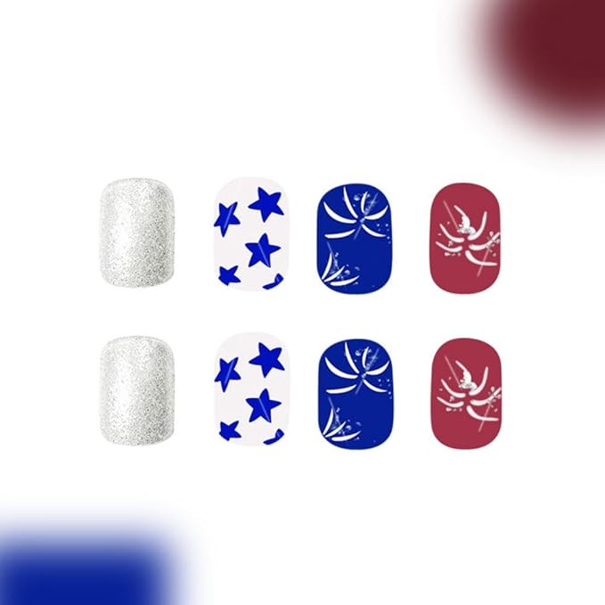 Independence Day Press on Nails Short Square Fake Nails with Star Designs Red Blue Fairworks False Nails Glitter Stick on Nail Striped 4th of July Acrylic Nail for Women Girls Manicure 24Pcs