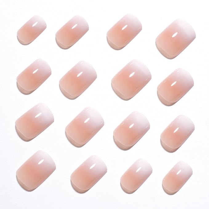 Brown Nude Ombre Press On Nails Short Square, Gradient French Tip Designer Fake Nail Reusable Real Acrylic Nails for Women, Glossy Soft Gel False Nail with Glue On Nails,Wedding Stick On Nail