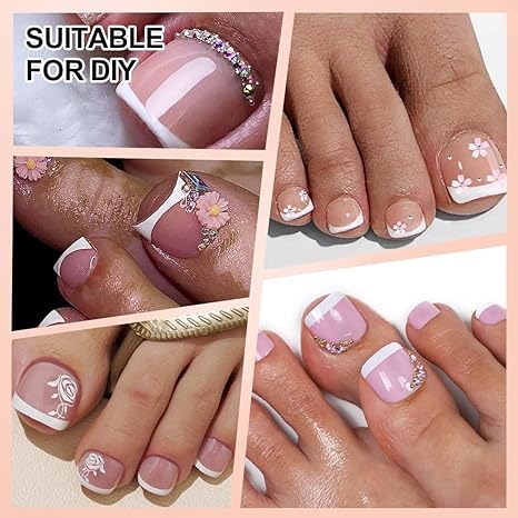 240Pcs White French Tip Press on Toenails for Women, French Artificial Fake Toe Nail Press ons Short Square Acrylic Press on Toe Nails, Reusable Toenail Glue on Natural Nails, 12Packs Glue Toenails